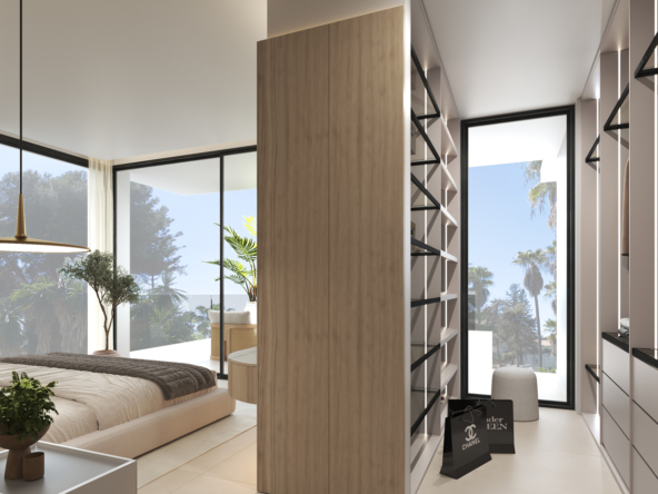 1. A contemporary bedroom featuring a spacious window and a neatly made bed, creating a bright and inviting atmosphere.