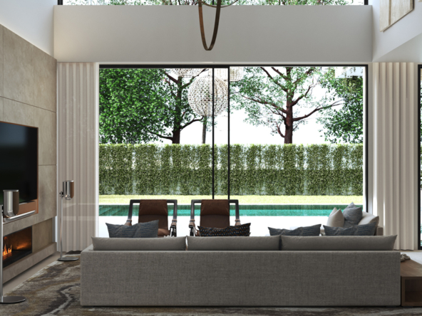 1. A contemporary living room featuring a large wall-mounted TV, stylish furniture, and a cozy atmosphere.