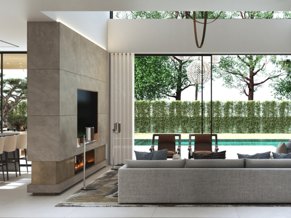 1. A contemporary living room featuring a large wall-mounted TV, stylish furniture, and a cozy atmosphere.
