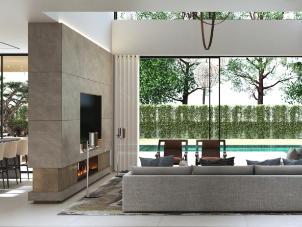 1. A contemporary living room featuring a large wall-mounted TV, stylish furniture, and a cozy atmosphere.