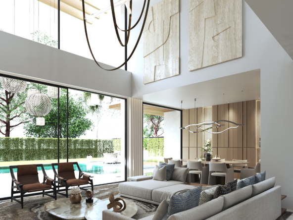 1. A contemporary living room featuring a large wall-mounted TV, stylish furniture, and a cozy atmosphere.