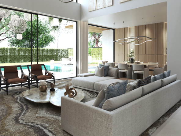 1. A contemporary living room featuring a large wall-mounted TV, stylish furniture, and a cozy atmosphere.