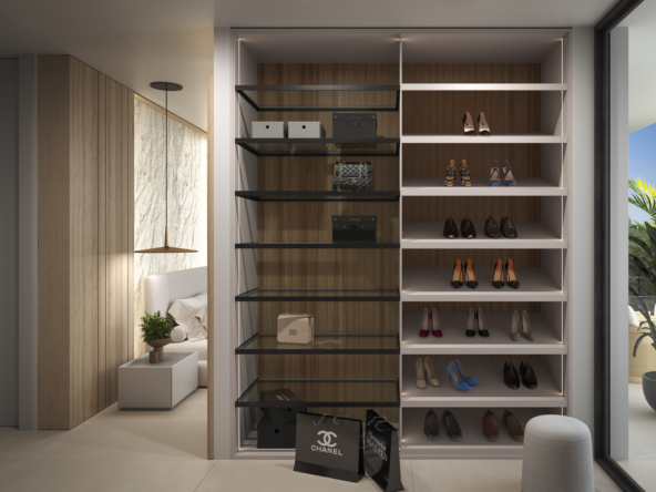 1. A contemporary closet featuring a shoe rack and a stylish bag, showcasing organized storage and modern design elements.