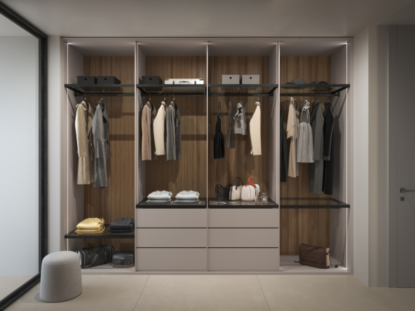 1. A contemporary closet featuring a shoe rack and a stylish bag, showcasing organized storage and modern design elements.
