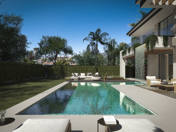 1. A contemporary villa featuring a swimming pool and a stylish lounge area, surrounded by lush greenery.