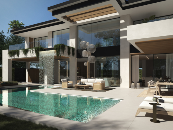1. A contemporary villa featuring a swimming pool and a stylish lounge area, surrounded by lush greenery.