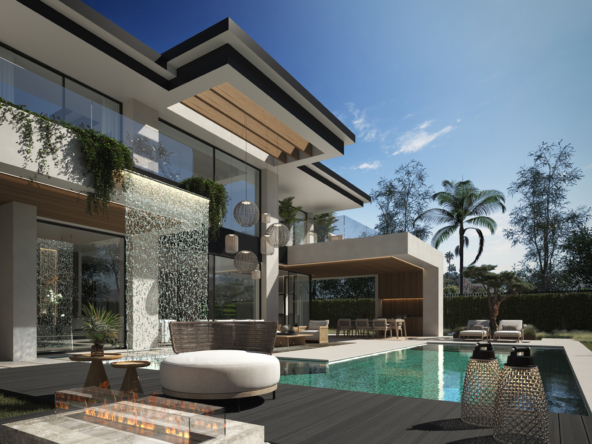 1. A contemporary villa featuring a swimming pool and a stylish lounge area, surrounded by lush greenery.