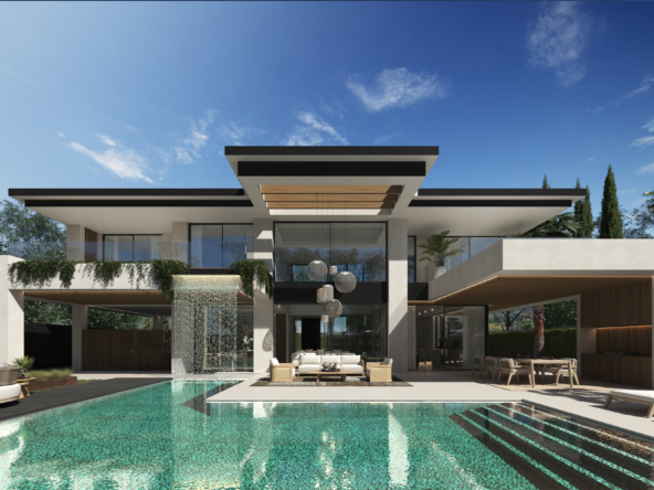 1. A contemporary villa featuring a swimming pool and a stylish lounge area, surrounded by lush greenery.