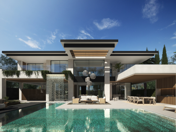 1. A contemporary villa featuring a swimming pool and a stylish lounge area, surrounded by lush greenery.
