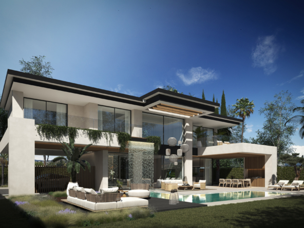 1. A contemporary villa featuring a swimming pool and a stylish lounge area, surrounded by lush greenery.
