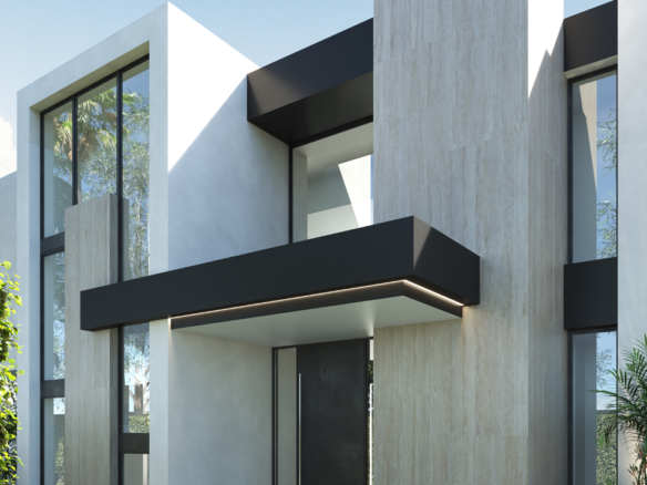 1. A contemporary house featuring a spacious front yard, showcasing modern architecture and lush greenery.
