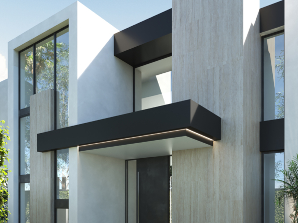 1. A contemporary house featuring a spacious front yard, showcasing modern architecture and lush greenery.