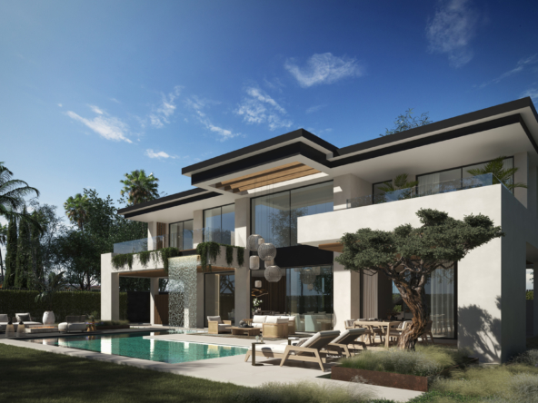 1. A contemporary villa featuring a swimming pool and a stylish lounge area, surrounded by lush greenery.