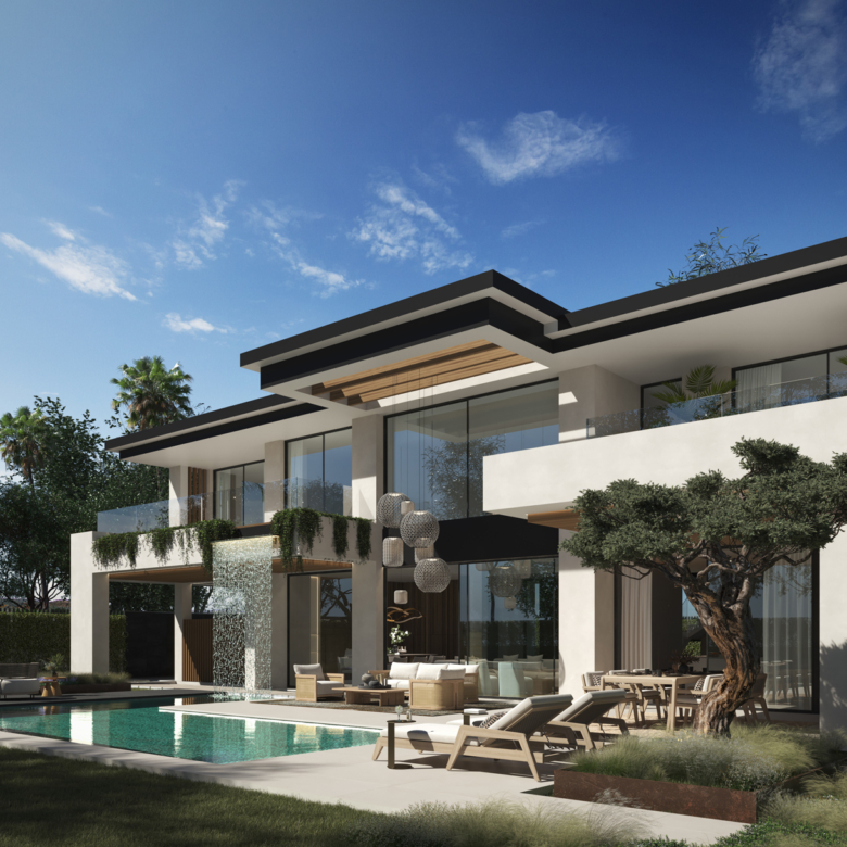 1. A contemporary villa featuring a swimming pool and a stylish lounge area, surrounded by lush greenery.