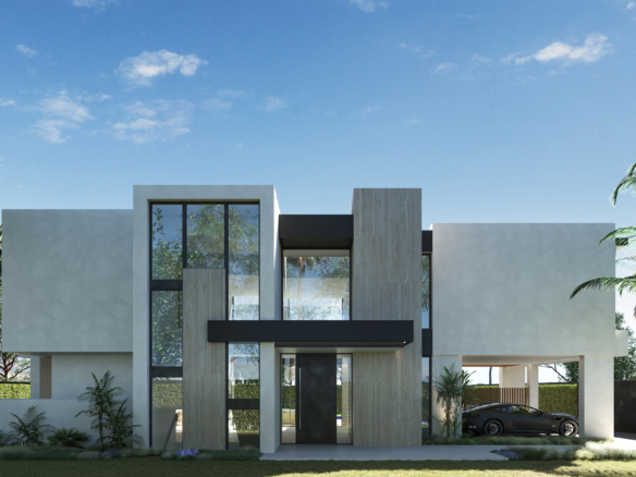 1. A contemporary house featuring a spacious front yard, showcasing modern architecture and lush greenery.