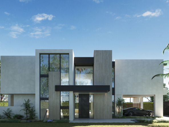 1. A contemporary house featuring a spacious front yard, showcasing modern architecture and lush greenery.