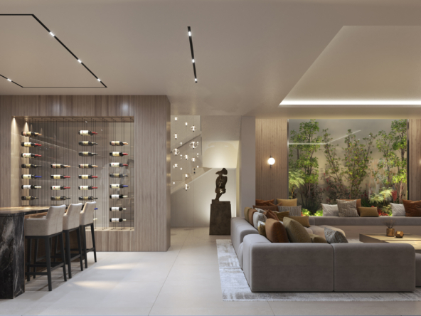 1. A contemporary living room featuring a large wall-mounted TV, stylish furniture, and a cozy atmosphere.