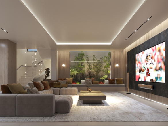 1. A contemporary living room featuring a large wall-mounted TV, stylish furniture, and a cozy atmosphere.