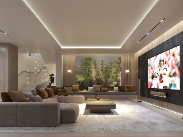 1. A contemporary living room featuring a large wall-mounted TV, stylish furniture, and a cozy atmosphere.